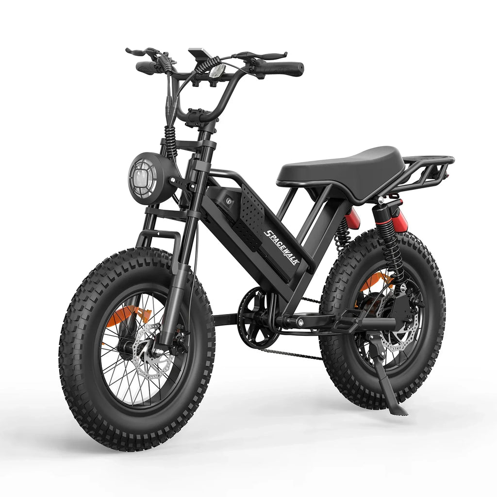 All-terrain electric bike with fat tires, suspension, and headlight on white background
