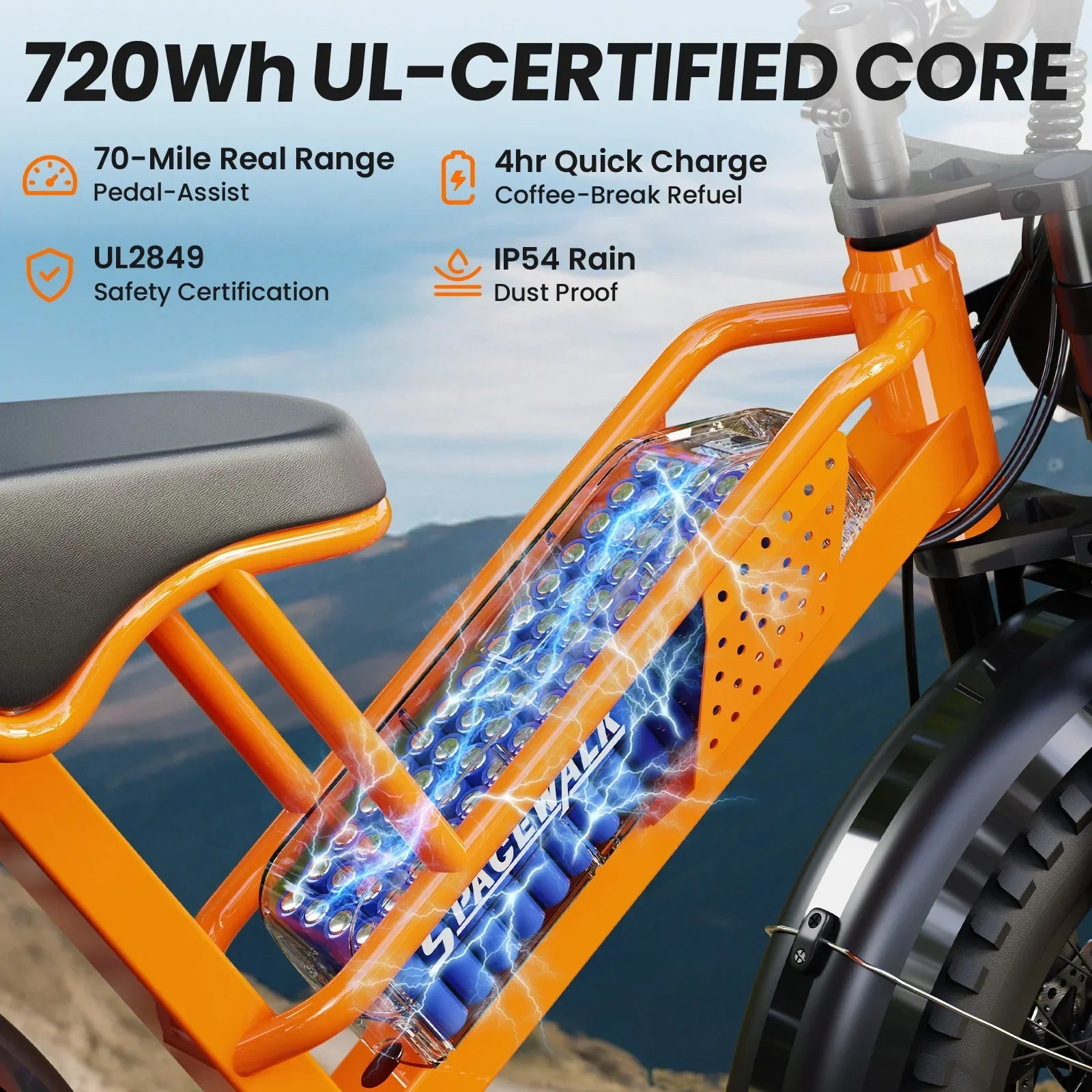 Electric bike with orange frame, visible battery core, UL certification, and feature highlights.