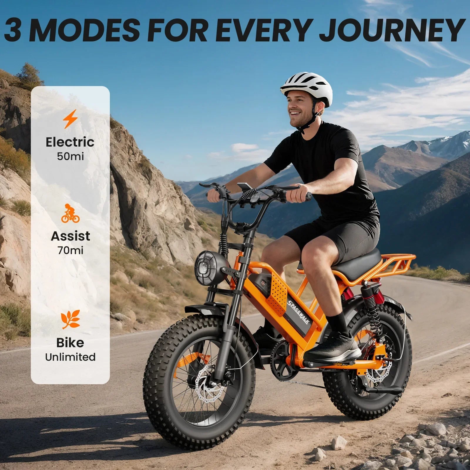 Man riding an orange electric mountain bike on a scenic trail with three riding modes displayed.