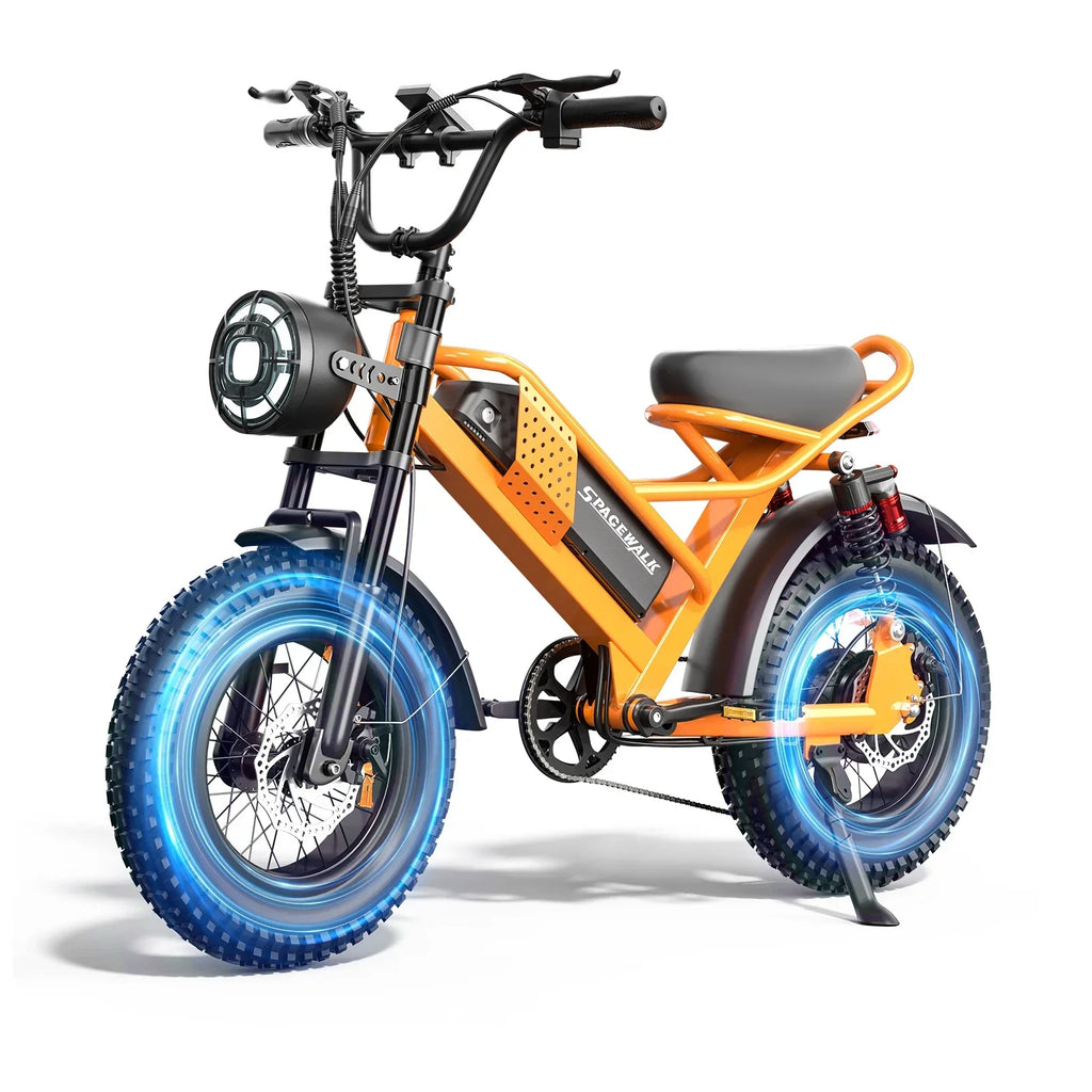 Orange electric bike with thick all-terrain tires and front headlight on white background