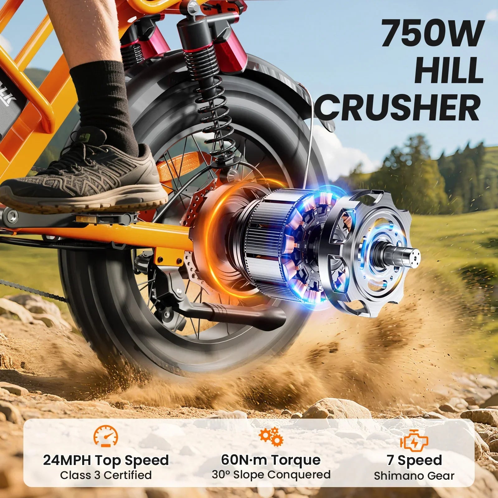 Electric mountain bike rear wheel with 750W motor, 24MPH top speed, and Shimano 7-speed gearing