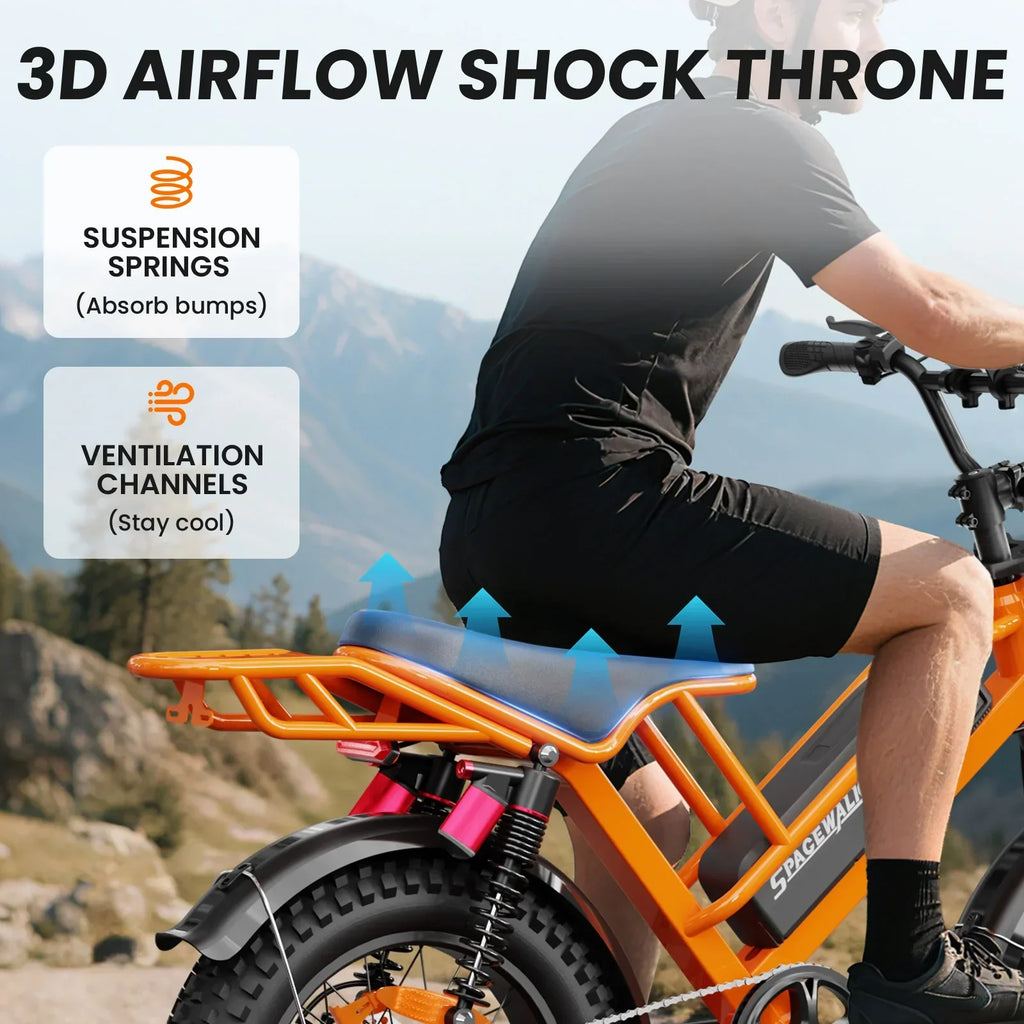 Person riding an orange electric bike with suspension springs and ventilated seat outdoors