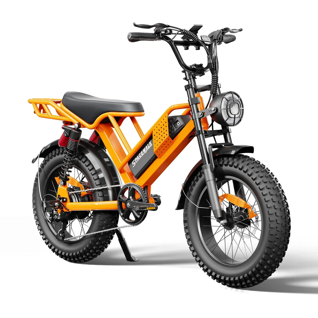 Fat tire orange electric bike with front headlight and rear cargo rack on white background