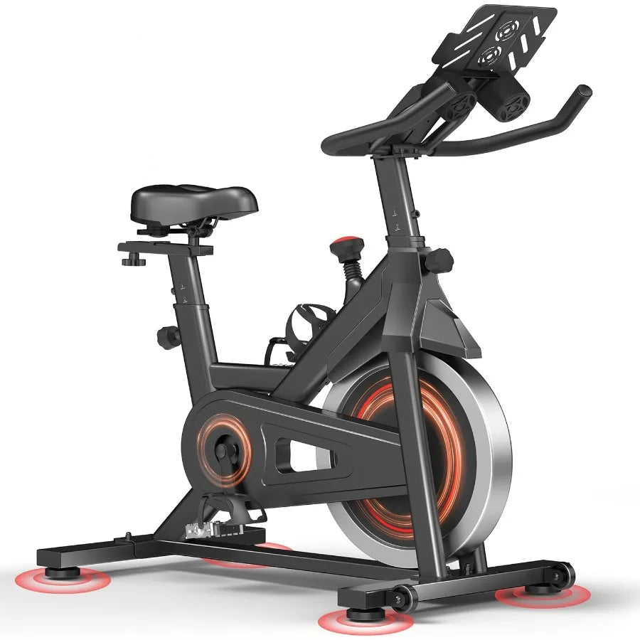 Stationary black exercise bike with red accents