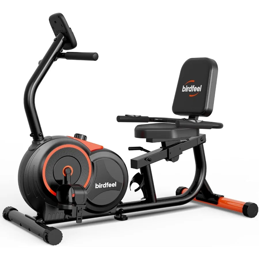 Recumbent exercise bike with 'birdfeel' branding
