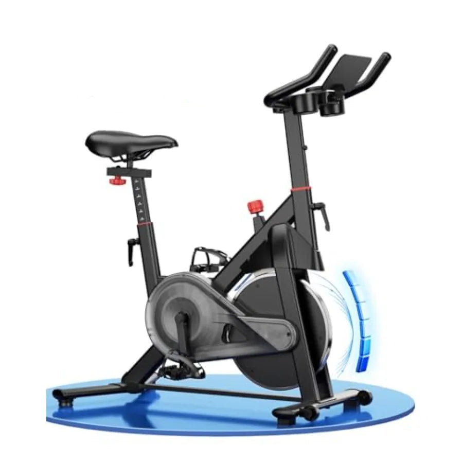 Stationary exercise bike with a blue base
