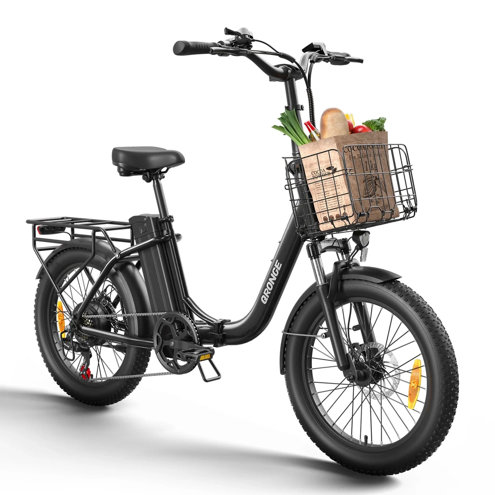Black folding e-bike with a basket