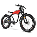 Electric fat tire bike with black frame, red tank panel, and large Kenda all-terrain tires