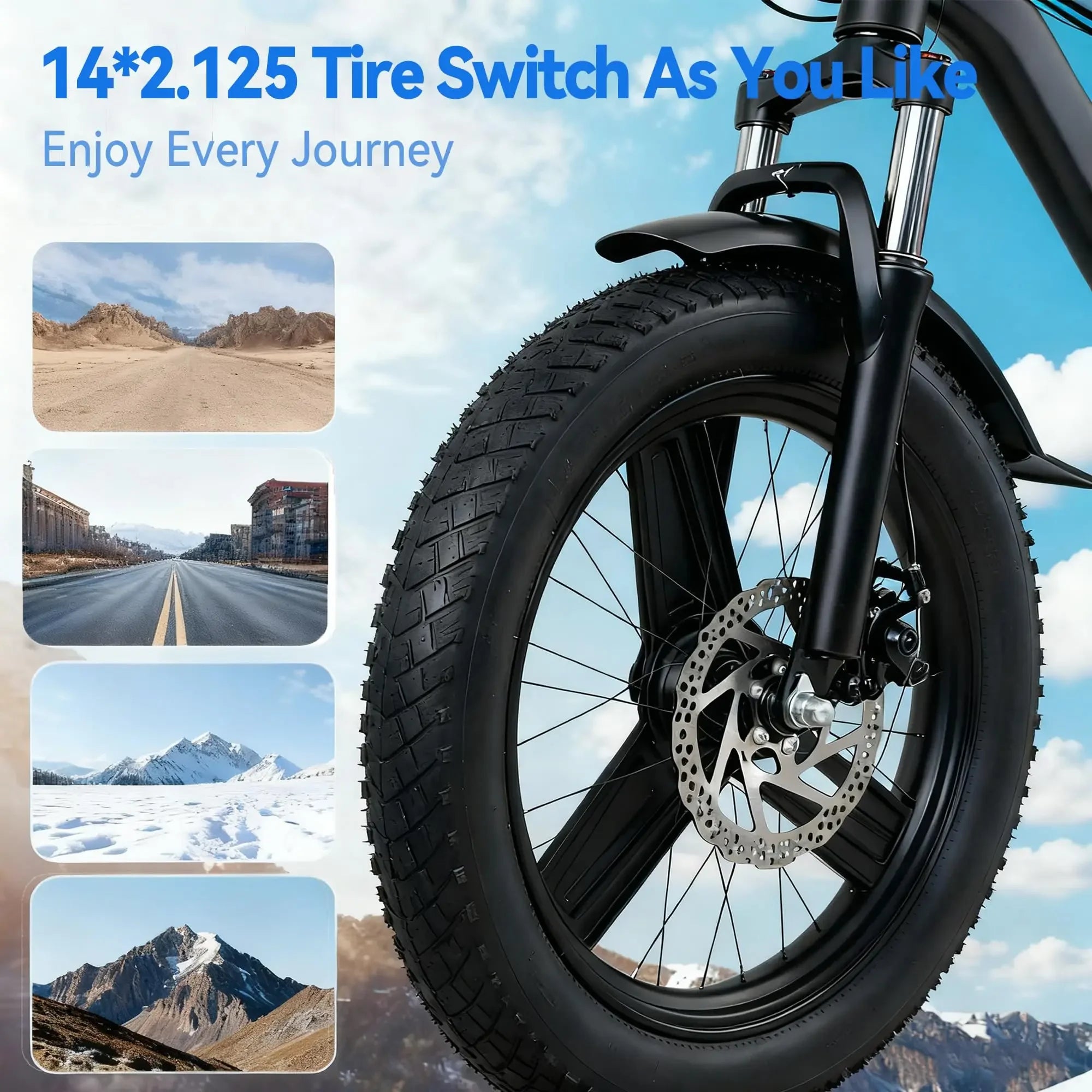Electric bike front wheel with all-terrain 14x2.125 tire, shown for road, mountain, snow, dirt.