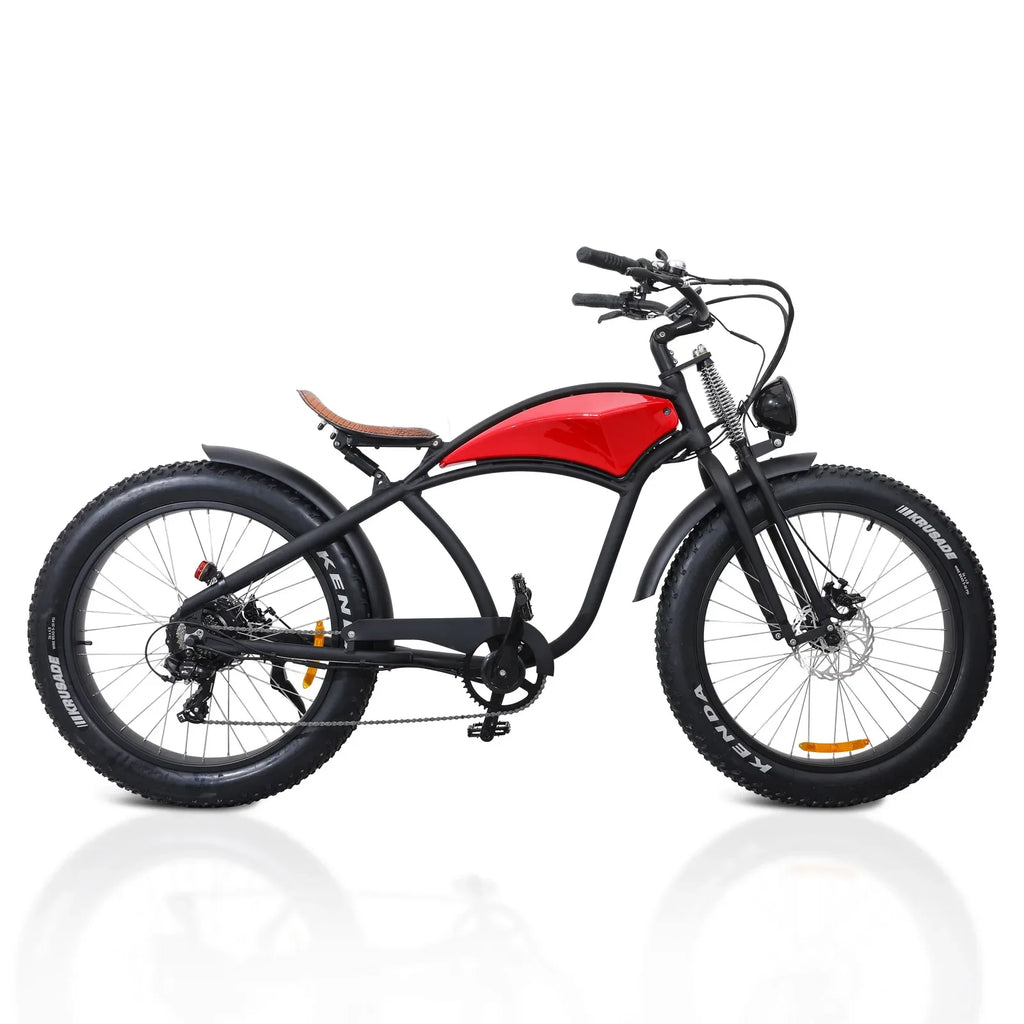 Fat tire electric bike with red frame, front suspension, and brown saddle on white background