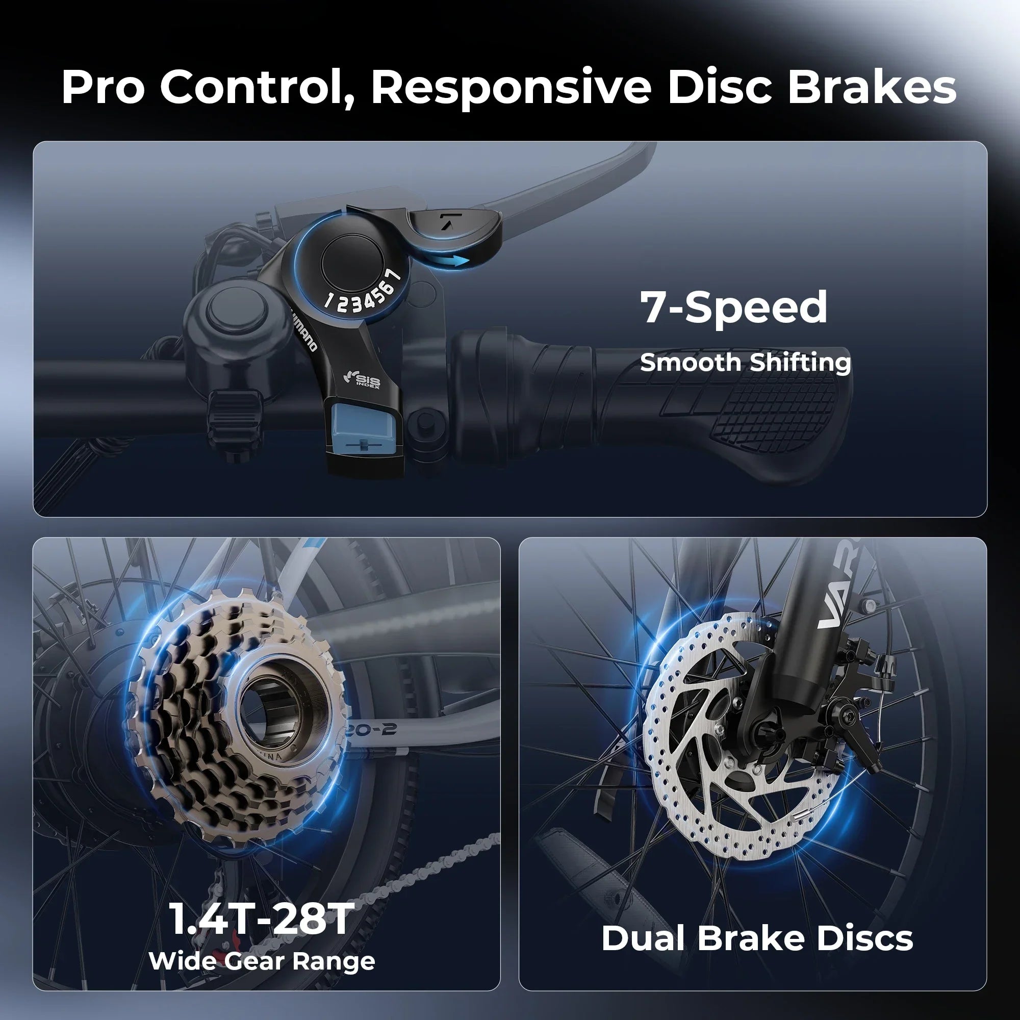 Electric bike handlebar with 7-speed shifter, wide gear range, and dual disc brakes.