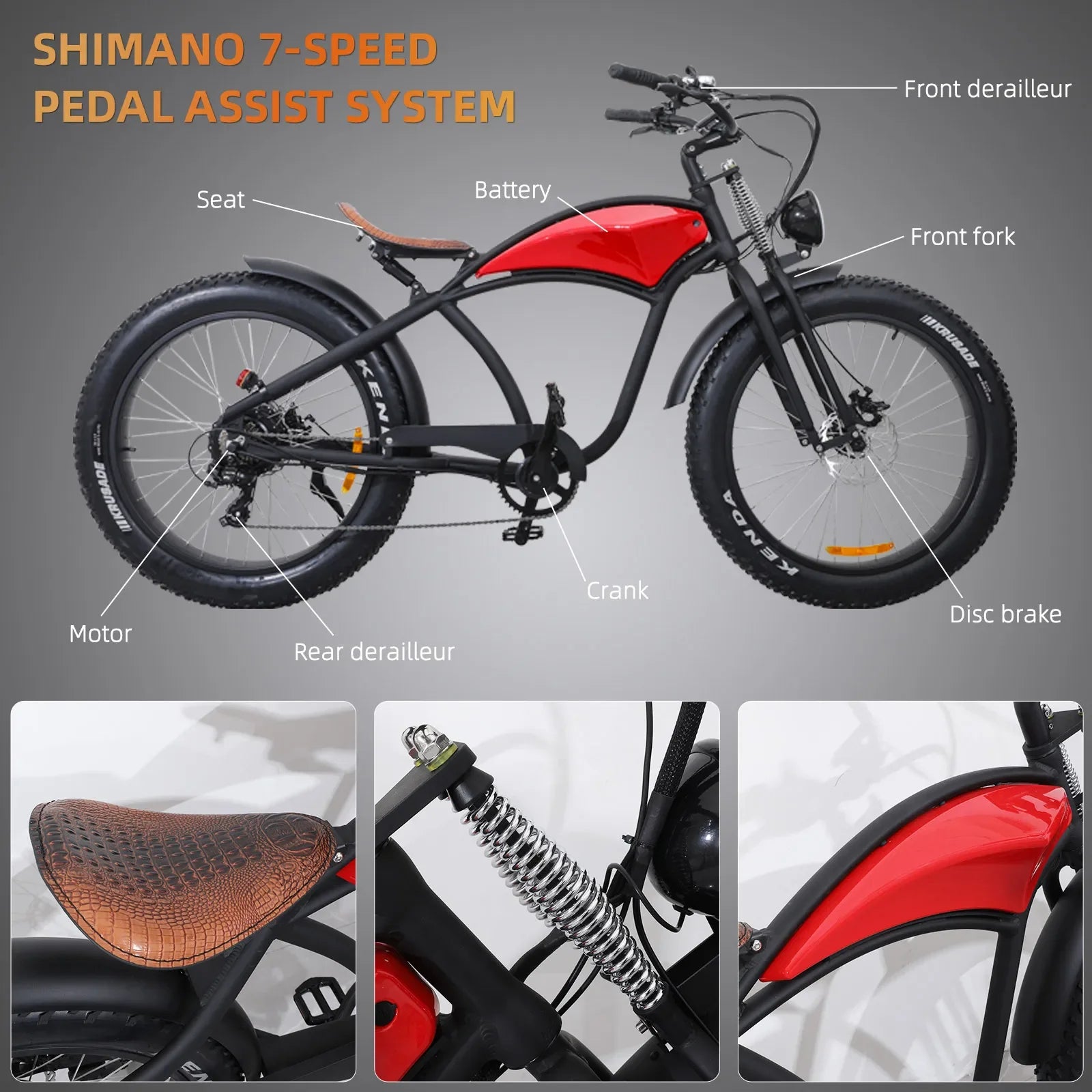 Electric mountain bike with Shimano 7-speed, fat tires, disc brakes, and labeled parts.