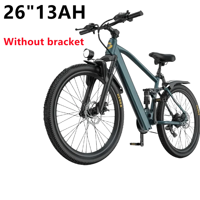 Electric mountain bike with front suspension, disc brakes, and Kenda tires on white background
