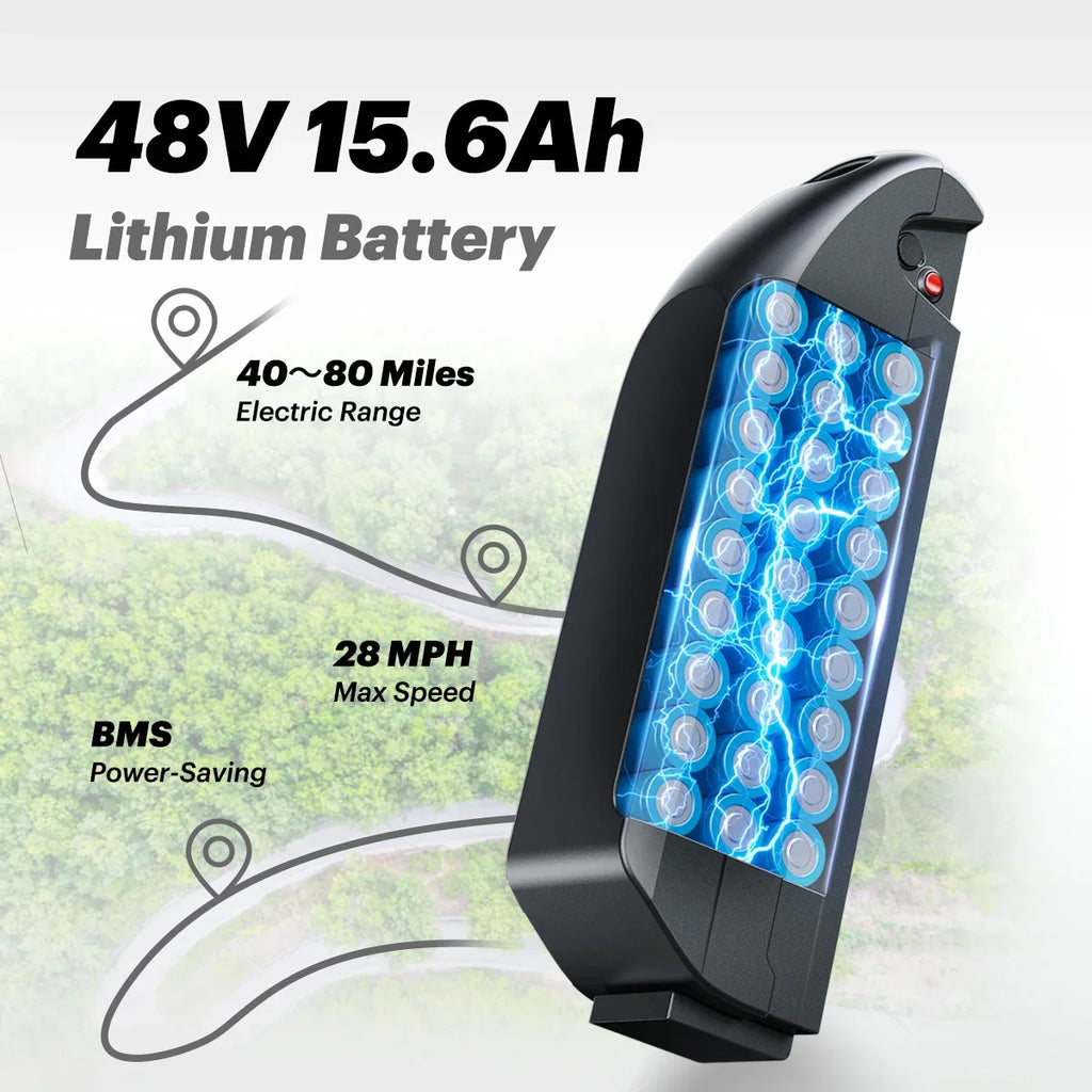 48V 15.6Ah lithium battery for electric bikes, 40-80 mile range, 28 MPH max speed, power-saving BMS.