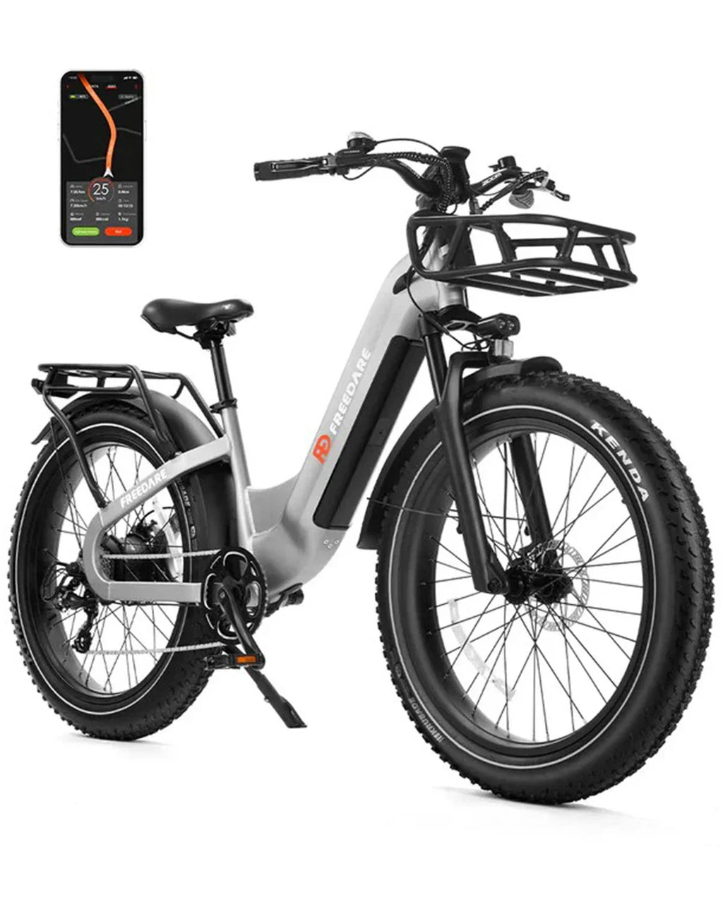 Electric fat tire bike with front basket and rear rack, smartphone navigation app displayed