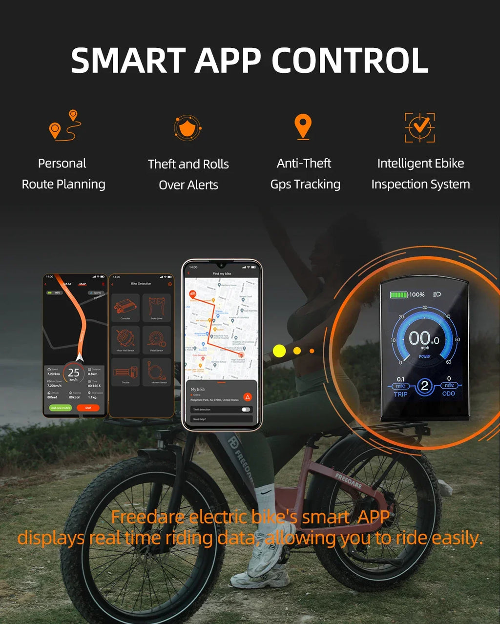 Electric bike with smart app control features like GPS tracking, route planning, and real-time data display.