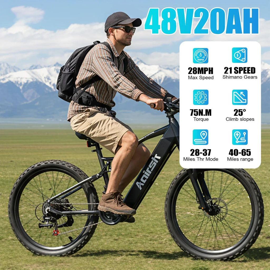 Man riding a mountain electric bike outdoors with 48V 20AH battery, speed and range info overlay