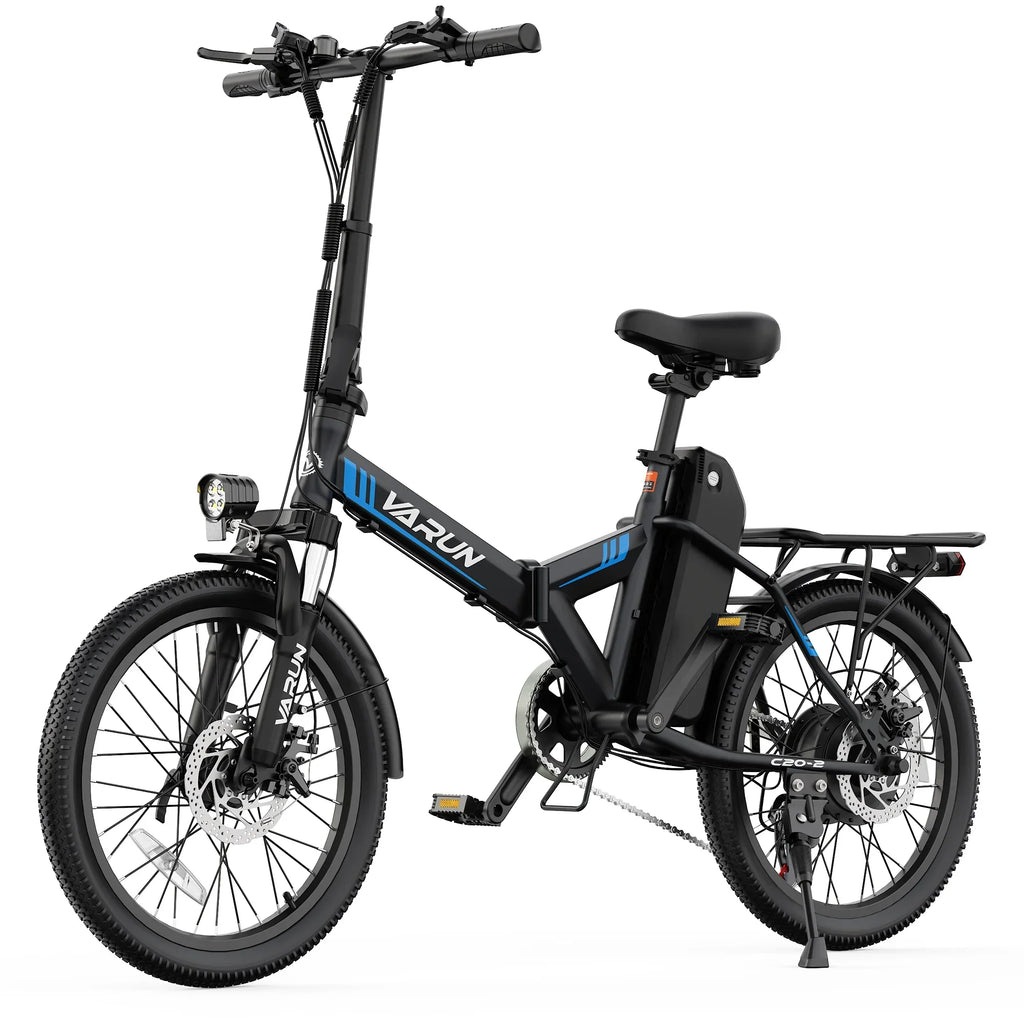 Black and blue foldable electric bike with front suspension, rear rack, and disc brakes