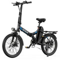 Black and blue foldable electric bike with front suspension, rear rack, and disc brakes
