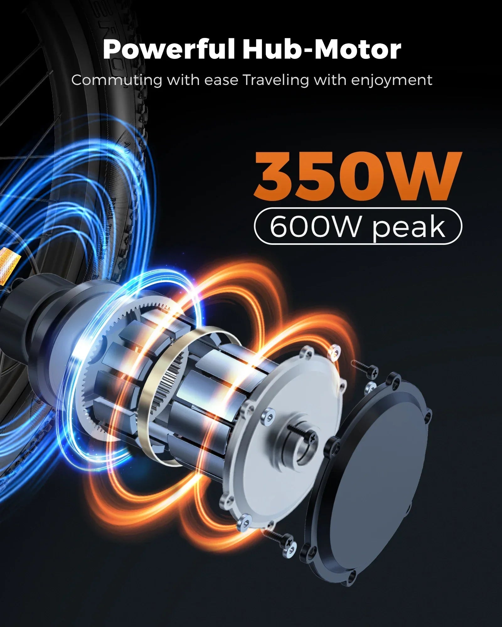 Electric bike 350W hub motor with 600W peak power, illustrated in detailed close-up.
