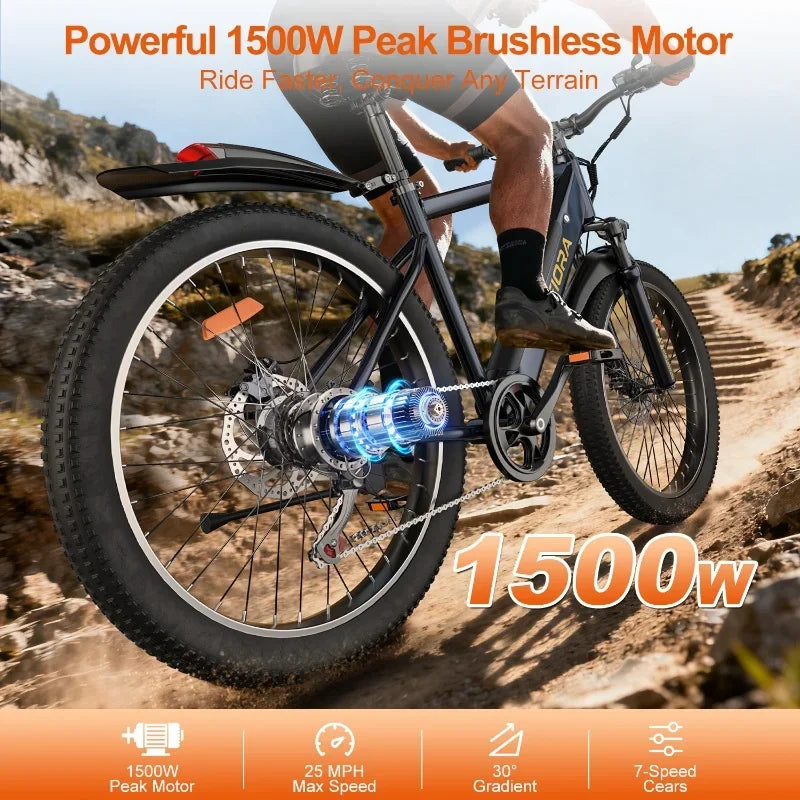 Electric mountain bike with 1500W motor riding uphill on a rocky trail, 25 MPH max speed.