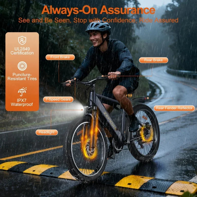 Man riding electric bike in rain, featuring waterproof frame, headlight, puncture-resistant tires, and safety reflectors on wet road.