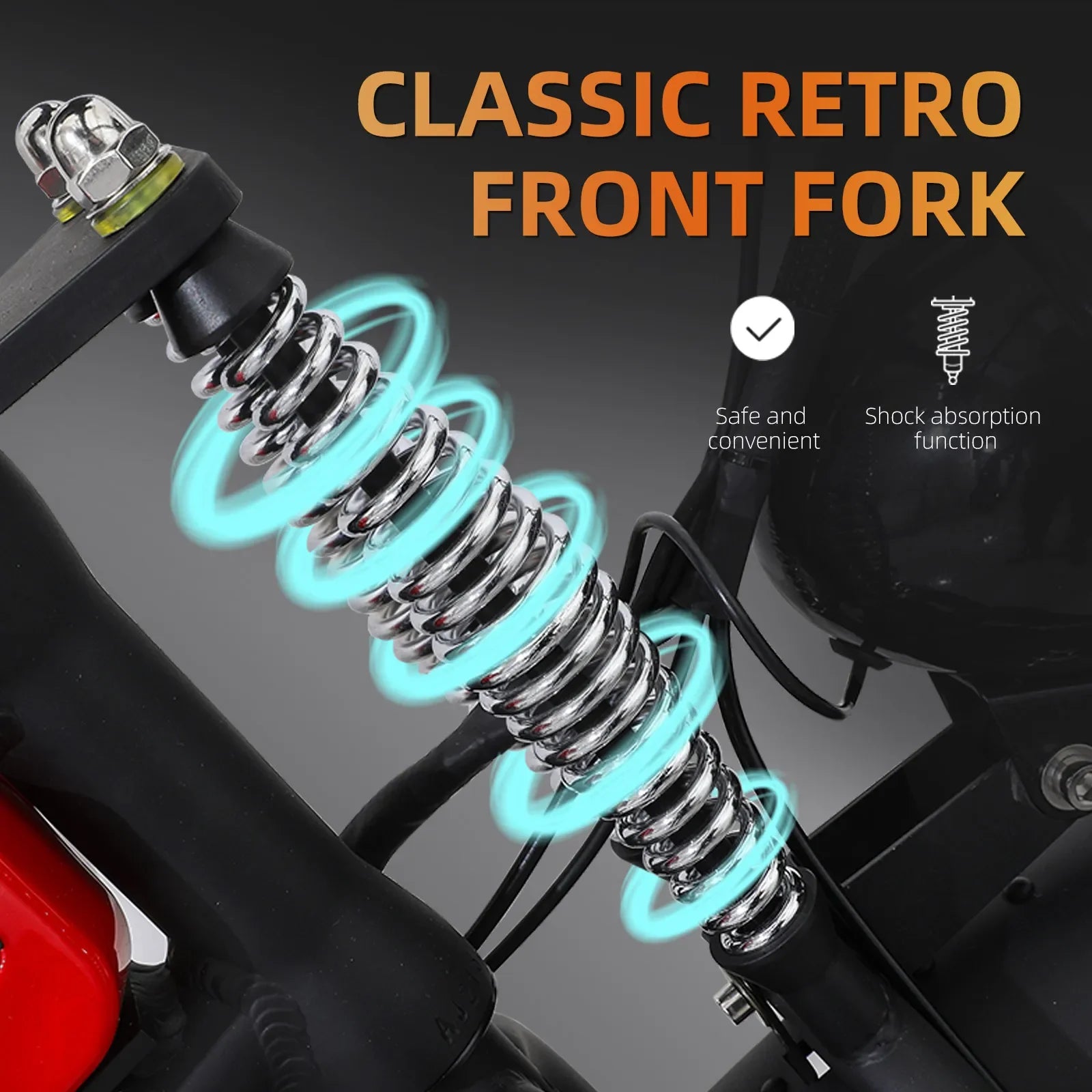 Classic retro front fork with chrome shock absorber for electric bike, showing suspension features