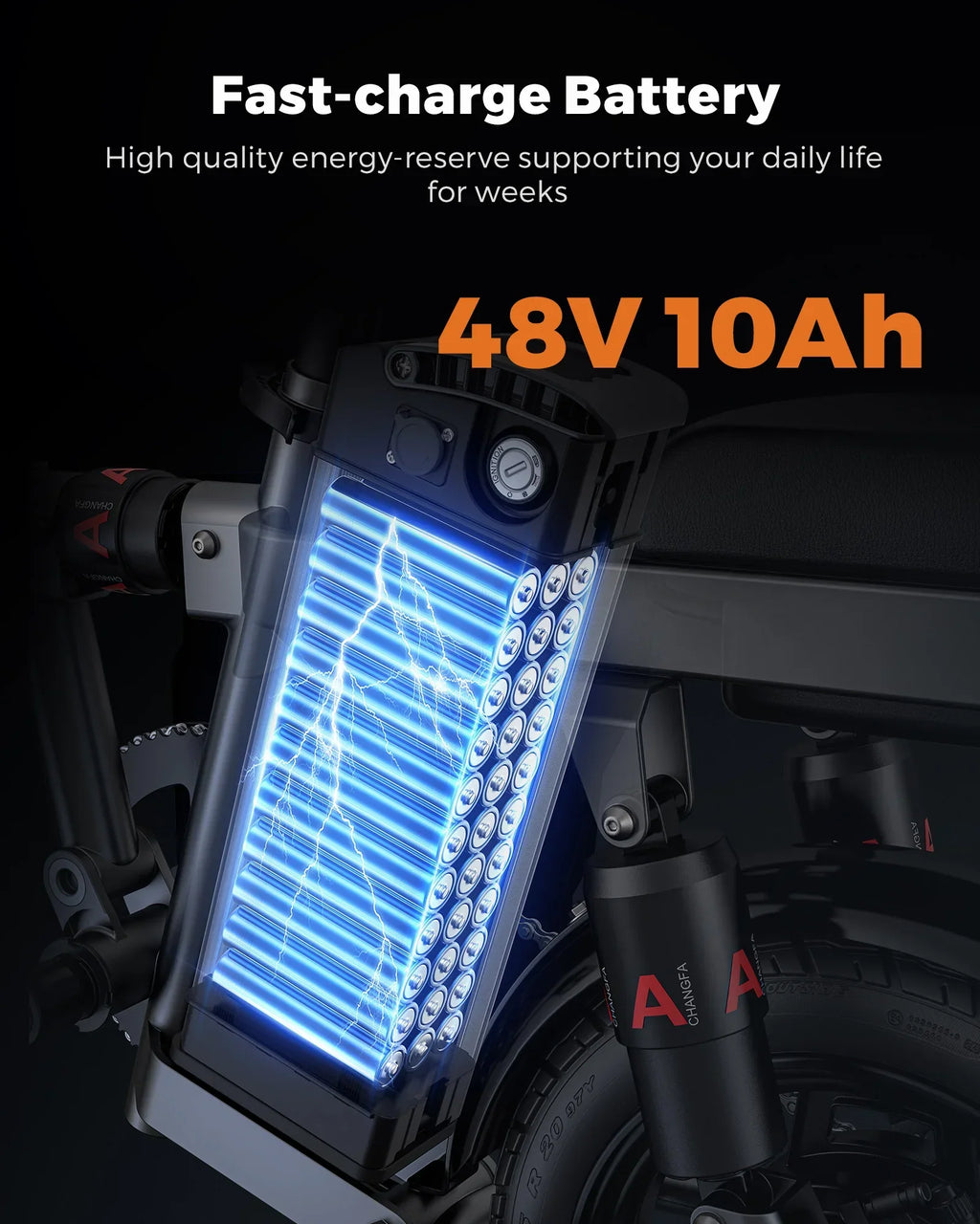 48V 10Ah fast-charge electric bike battery close-up with visual energy effects
