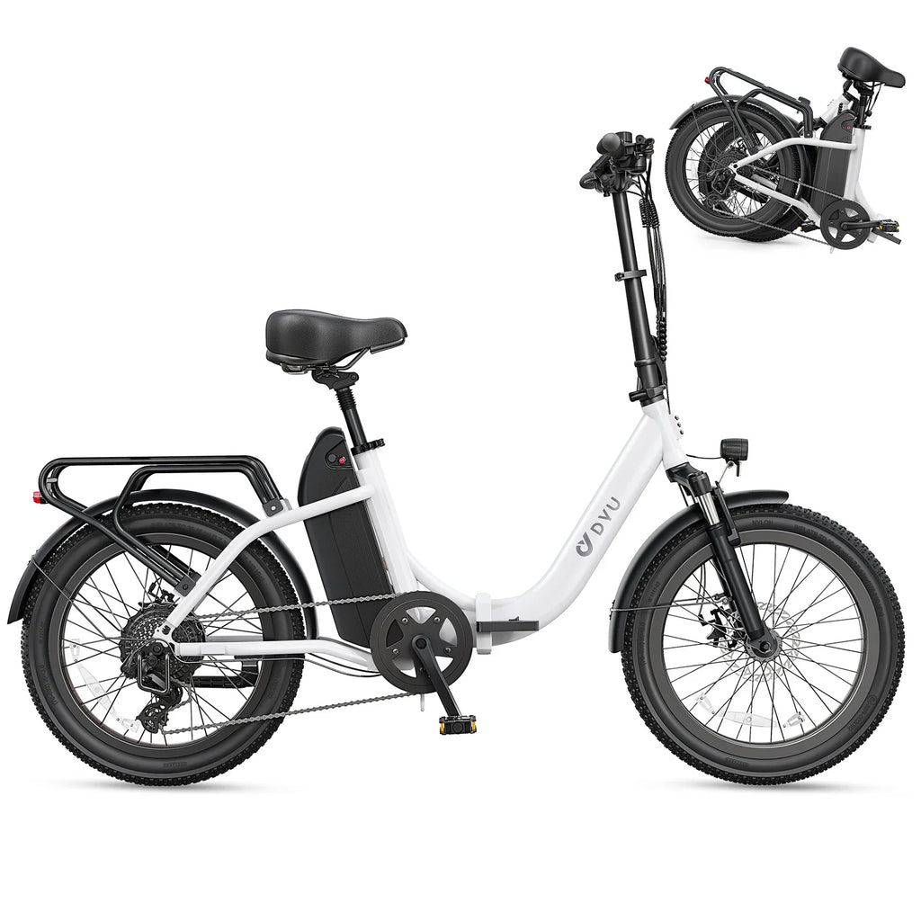 White folding electric bike with rear rack, step-through frame, and compact folded view
