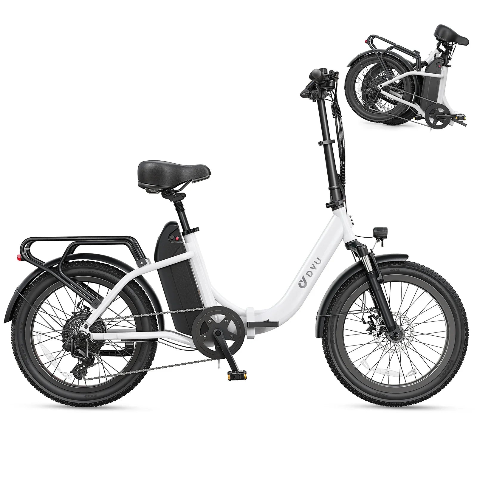 White folding electric bike with rear rack, step-through frame, and compact folded view