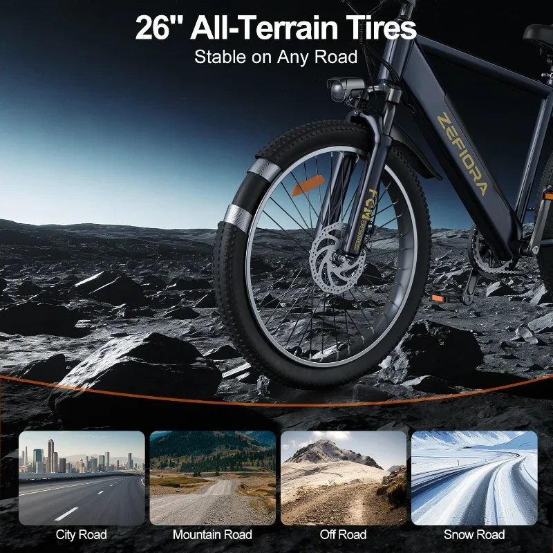 Electric bike with 26-inch all-terrain tires suitable for city, mountain, off-road, and snow.