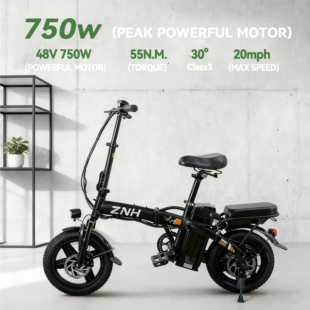 Black electric bike with 750W motor, foldable frame, two seats, and specifications on wall