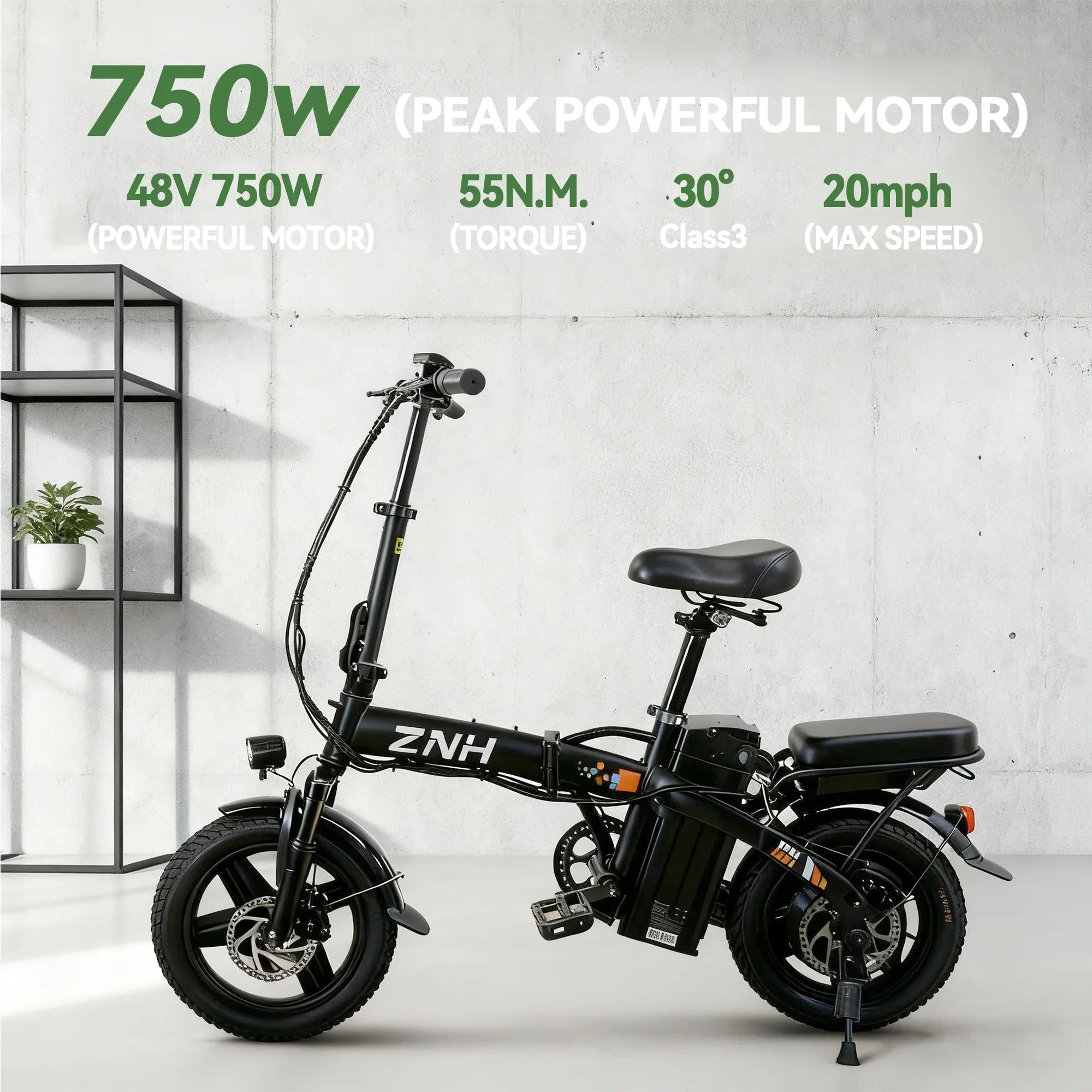 Black electric bike with 750W motor, foldable frame, two seats, and specifications on wall