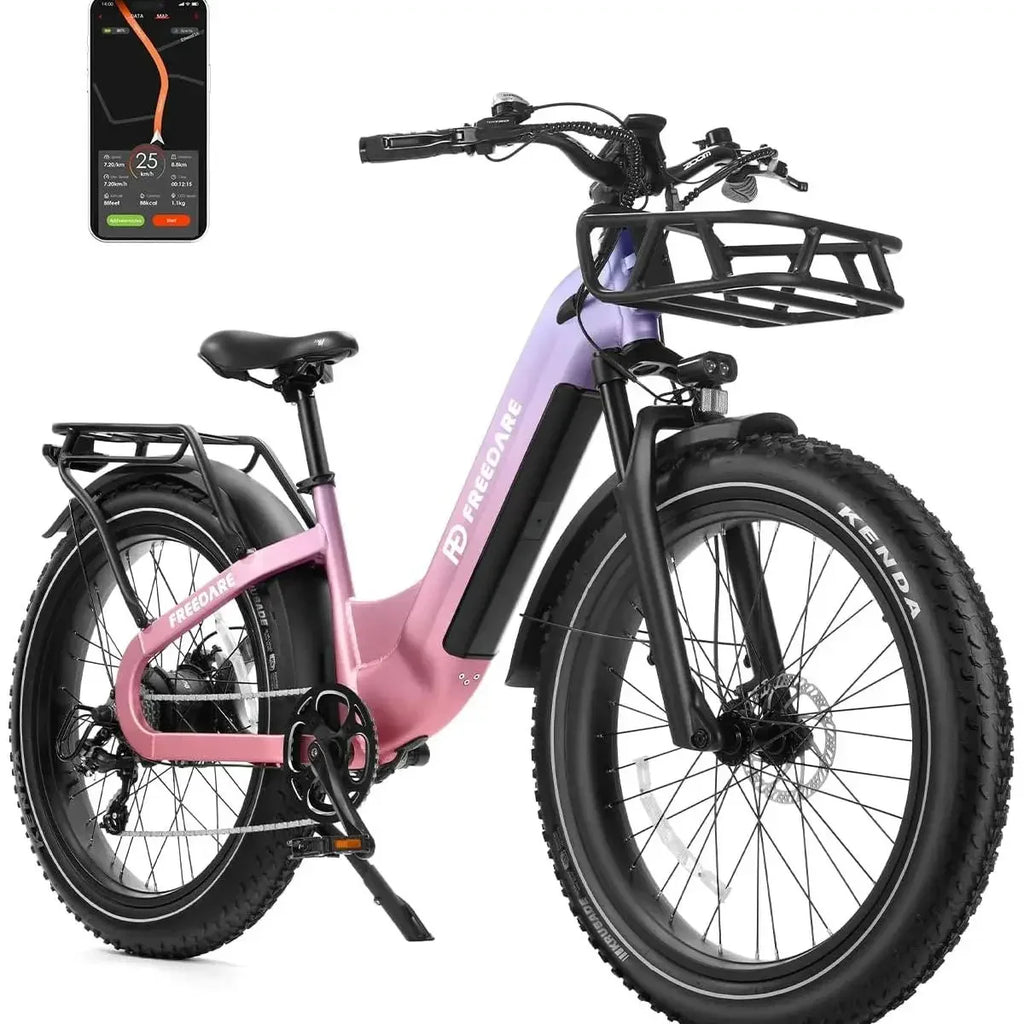 Electric fat tire bike with front basket, rear rack, and mobile navigation app display