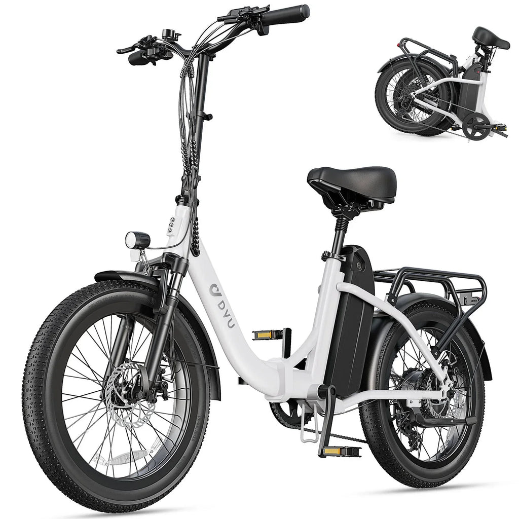 Folding electric bike with step-through frame, fat tires and rear cargo rack on white background.