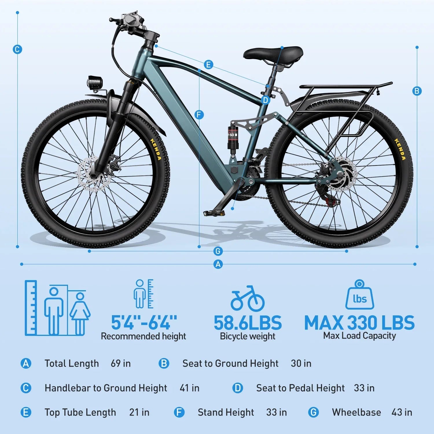 Electric mountain bike side view with size chart, recommended height, weight, and load capacity