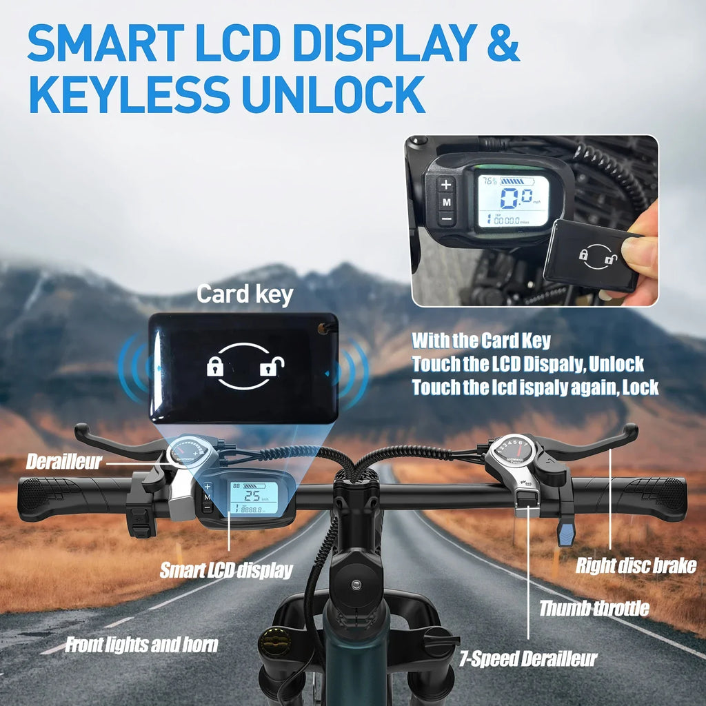 Electric bike handlebar with smart LCD display, keyless card unlock, and mountain road background