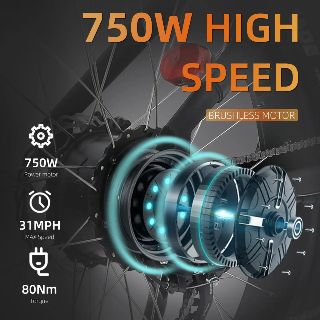 750W high speed brushless electric bike motor, showing power, max speed, and torque features