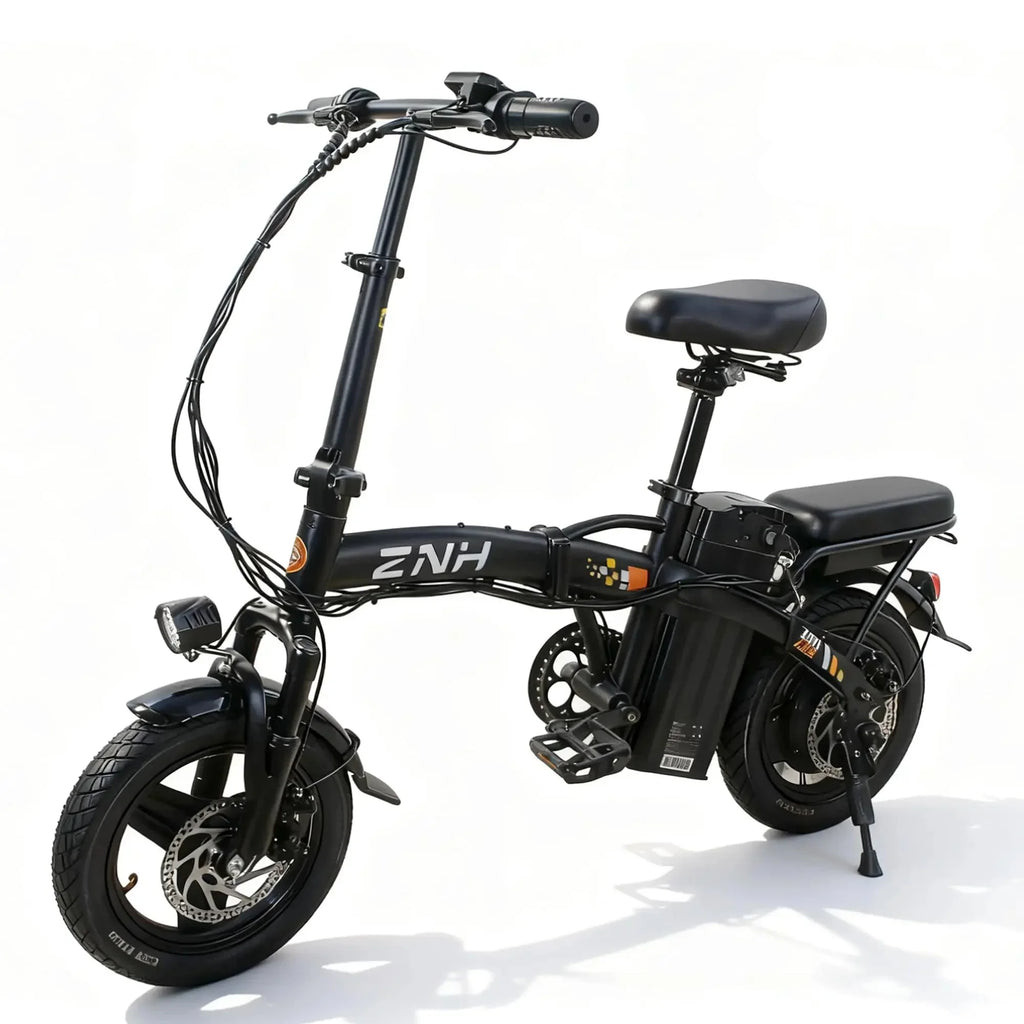 Folding black electric bike with thick tires, pedal assist, and rear cargo seat on white background