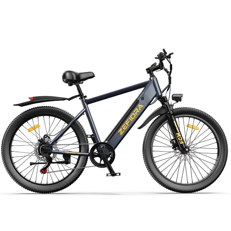 Black electric mountain bike with front suspension, wide tires, and ZEFIORA logo on frame