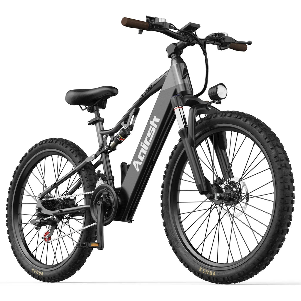 Electric mountain bike with thick tires, front suspension, and headlight, ideal for all terrains