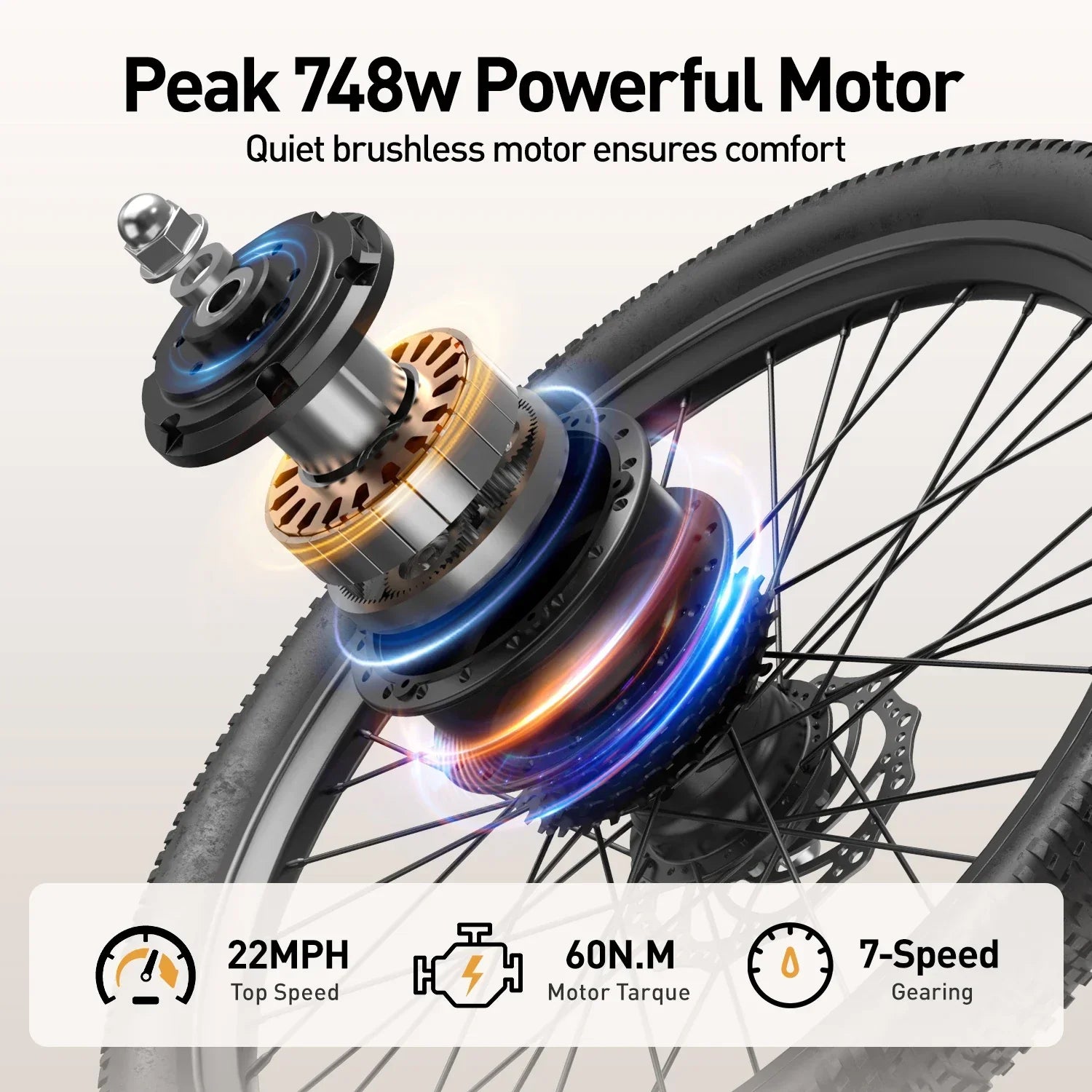 Electric bike wheel with exposed 748w brushless motor, 22MPH top speed, 60Nm torque, 7-speed