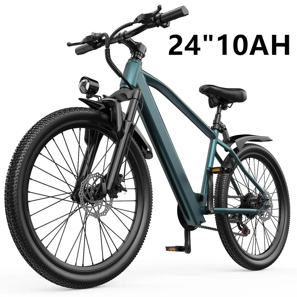 Electric mountain bike with 24-inch wheels, 10AH battery, disc brakes, and front suspension.