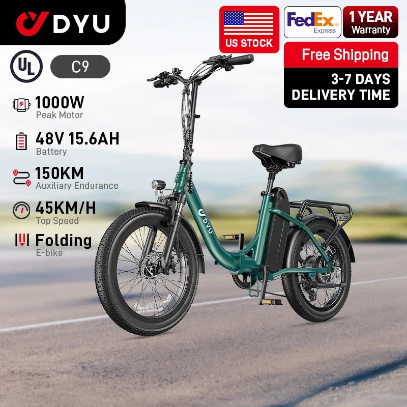 Folding electric bike with 1000W motor, 48V battery, 150km range, and fat tires on road.
