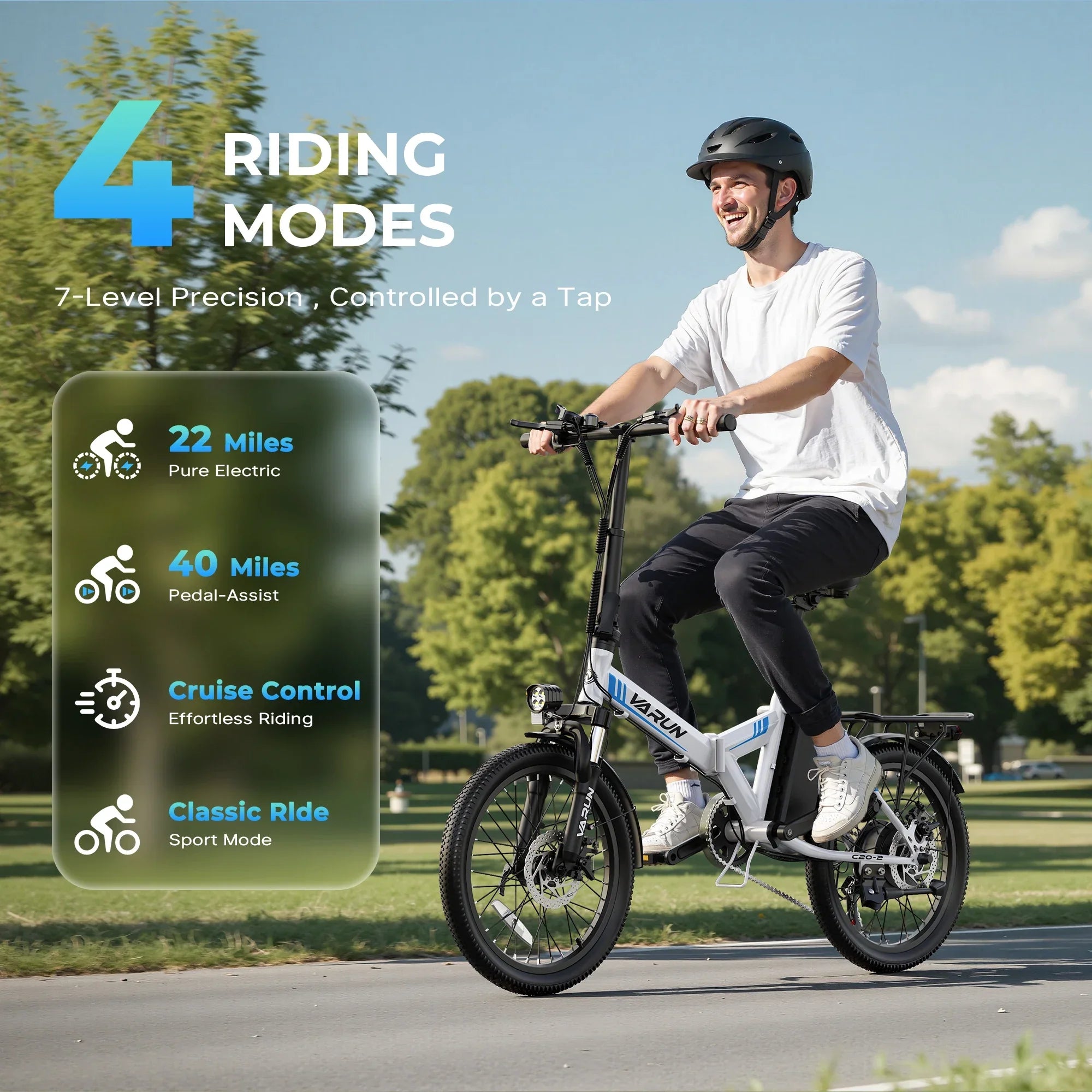 Man riding a foldable electric bike in park, highlighting four riding modes and mileage options.