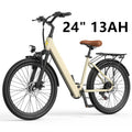 Beige 24-inch electric bike with 13AH battery, step-through frame, front light, and rear rack.