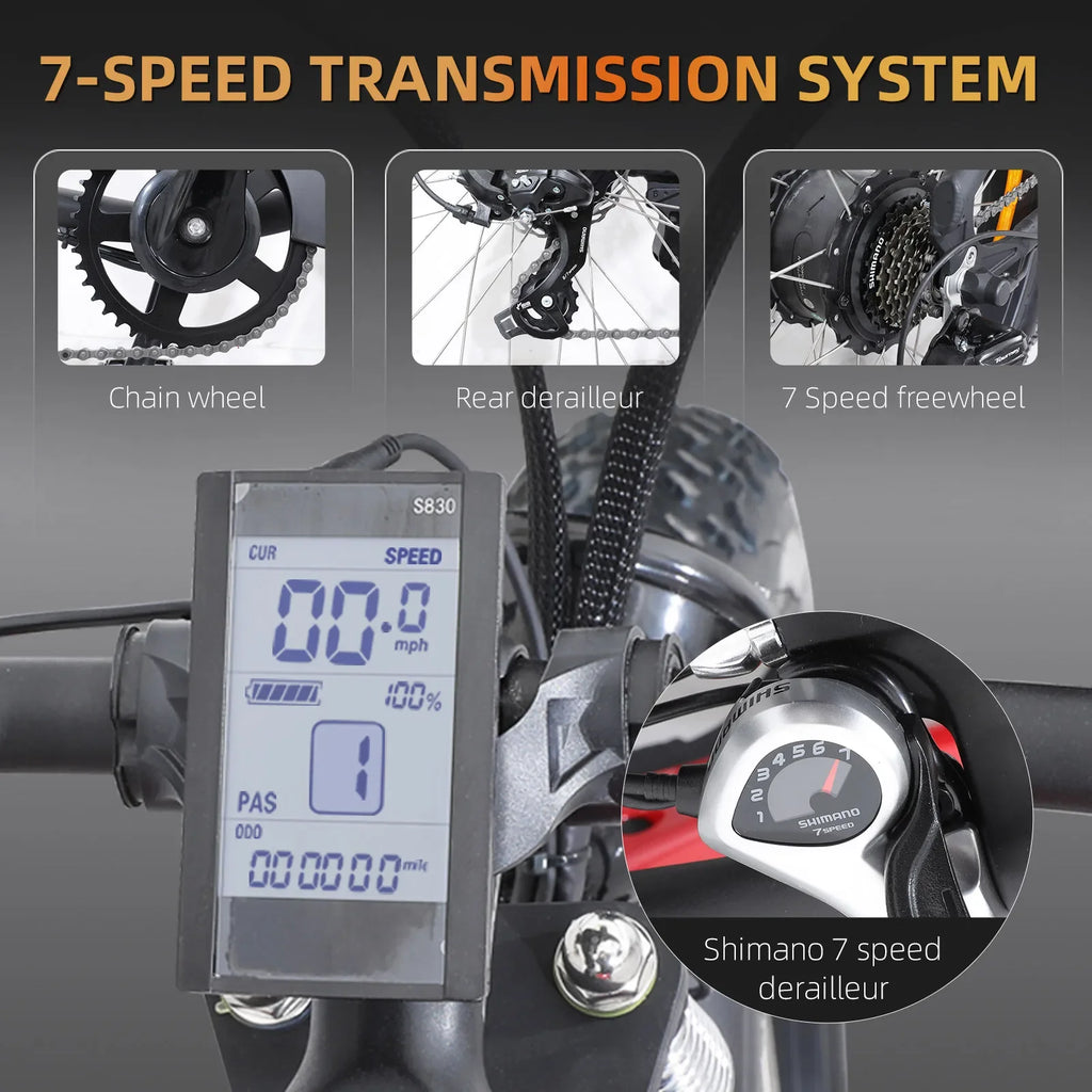 Electric bike 7-speed transmission system with Shimano derailleur, digital display, and gear shifter.