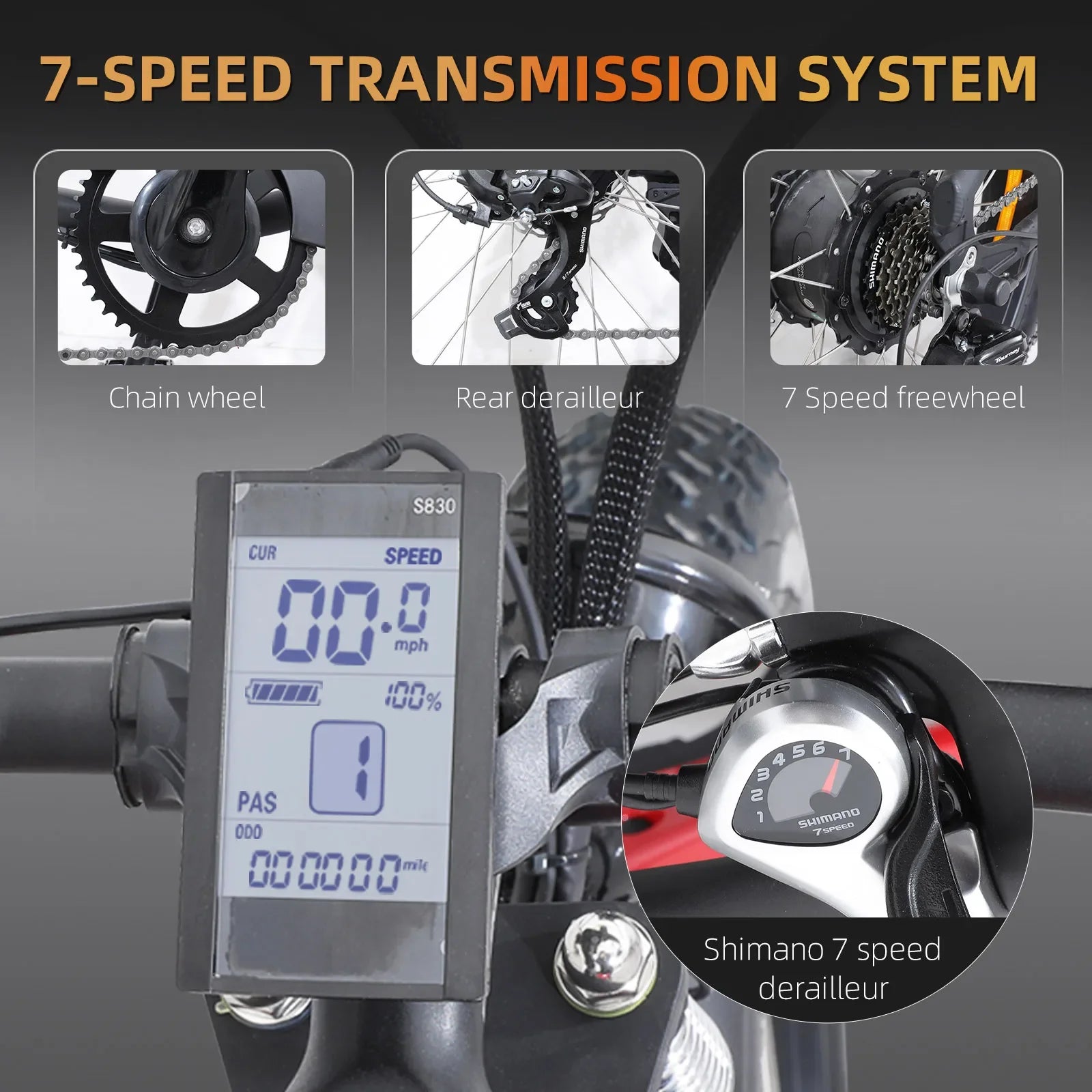 Electric bike 7-speed transmission system with Shimano derailleur, digital display, and gear shifter.