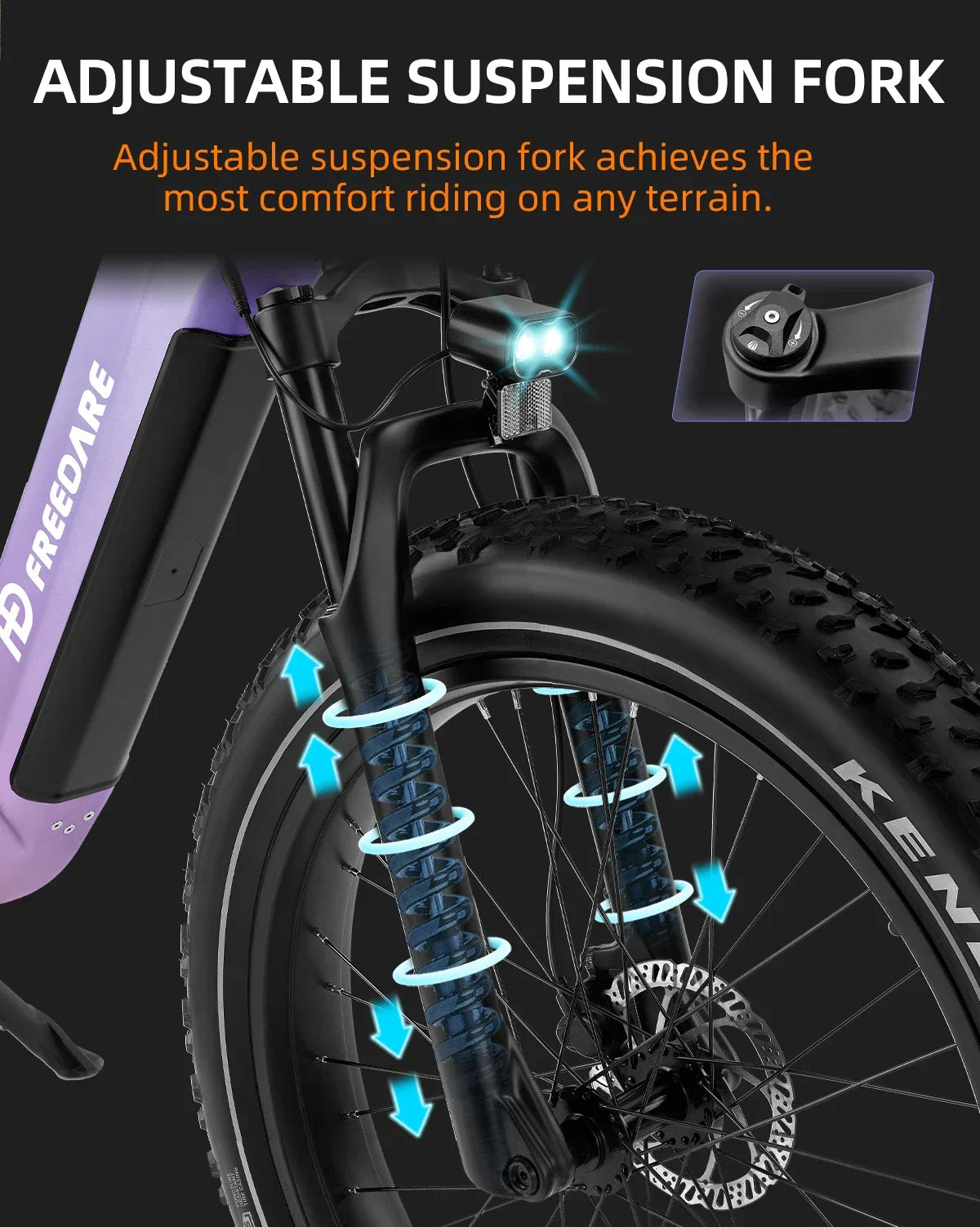 Electric bike front wheel with adjustable suspension fork, LED light, and disc brake for all-terrain riding
