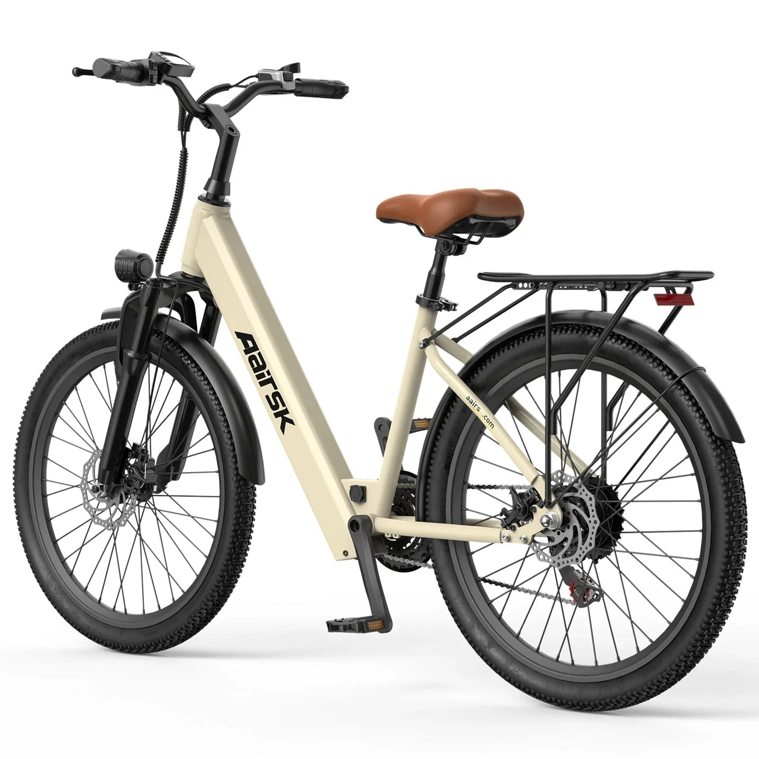 Beige electric mountain bike with front suspension, brown saddle, and rear cargo rack